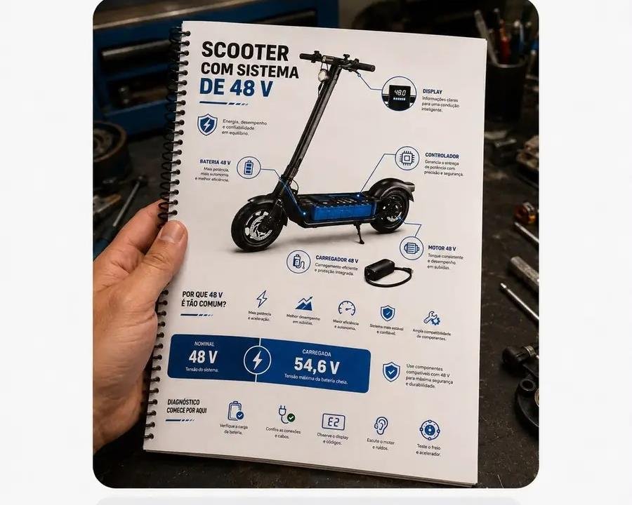 Mecánico consultando la página de scooter con sistema de 48V